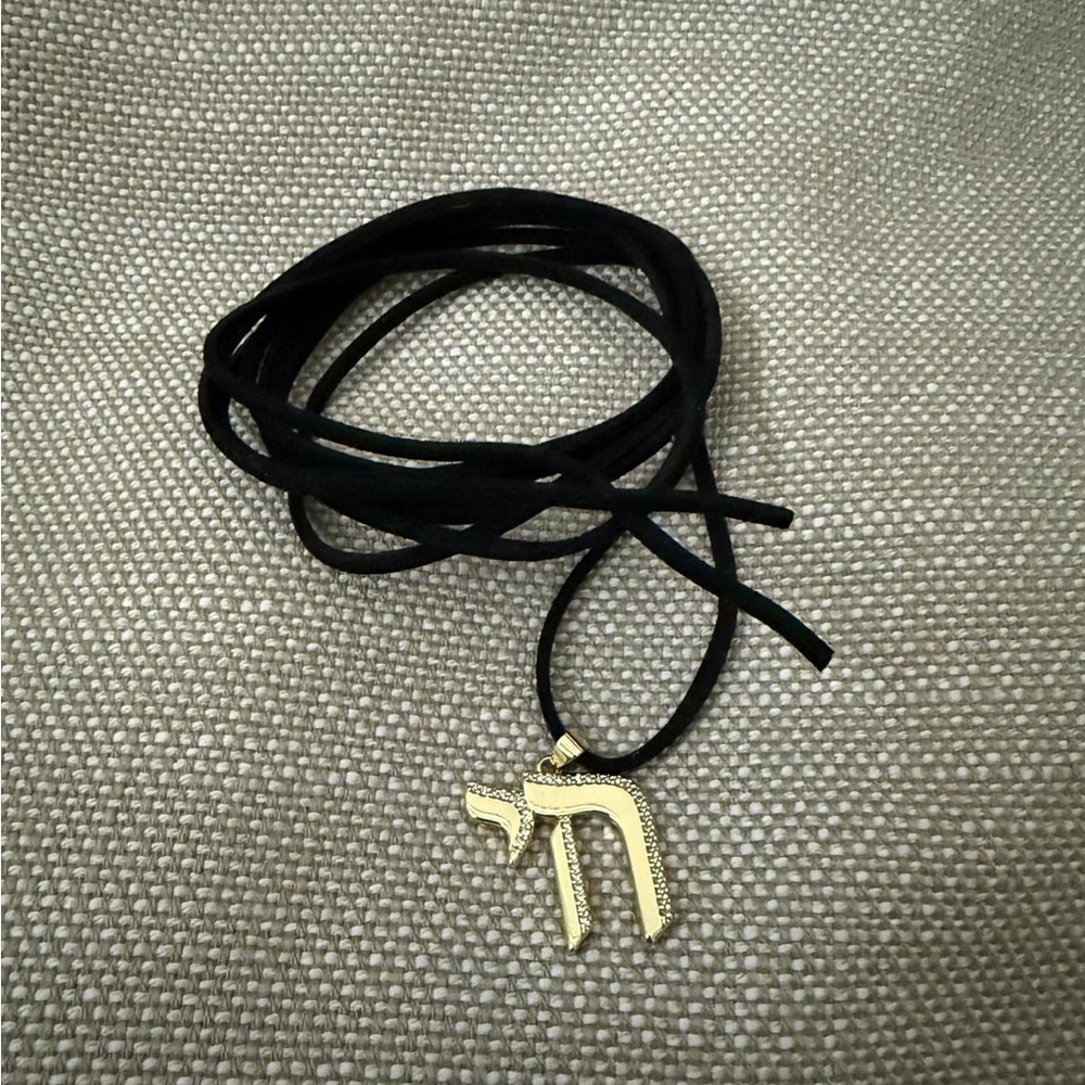 Gold Chai Hebrew Letter Pendant on Black Suede Cord